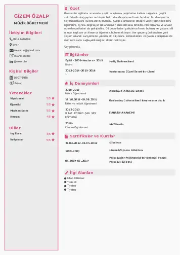 Müzik Öğretmeni Cv Örnekleri cv indir